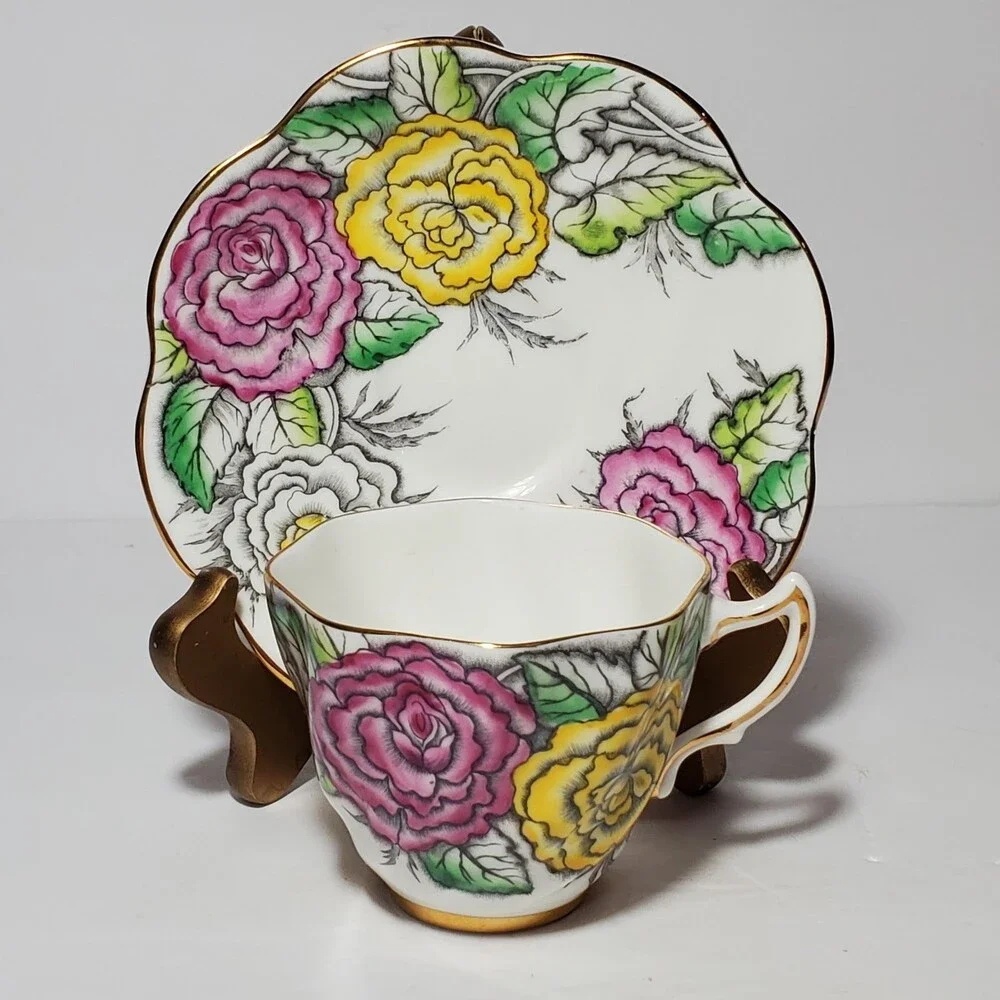 Rosina Teacup and Saucer Floral Pink Yellow White Vintage